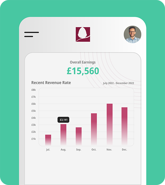 Mobile version of the Overall Earnings page with a red bar chart of earnings from July to December and the top overall earnings listed above the chart in green